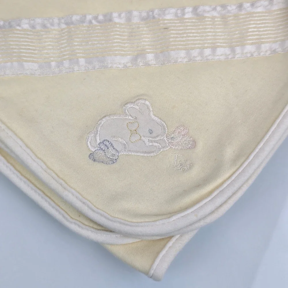 Baby Dior Vintage Pale Yellow Jersey Receiving Blanket Embroidered Bunny CD Logo
